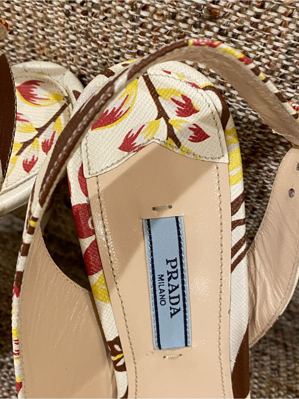 Prada Cream Floral Slingback Heels with Red & Yellow Accents - Picture 3 of 14